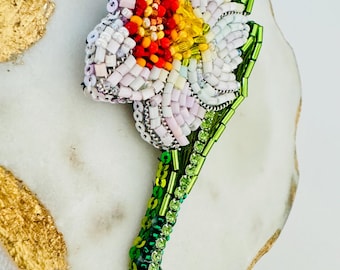 Beaded Daffodil Brooch: Crystal & Sequin Flower Pin