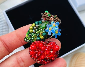 Red cherry brooch, beaded fruit pin