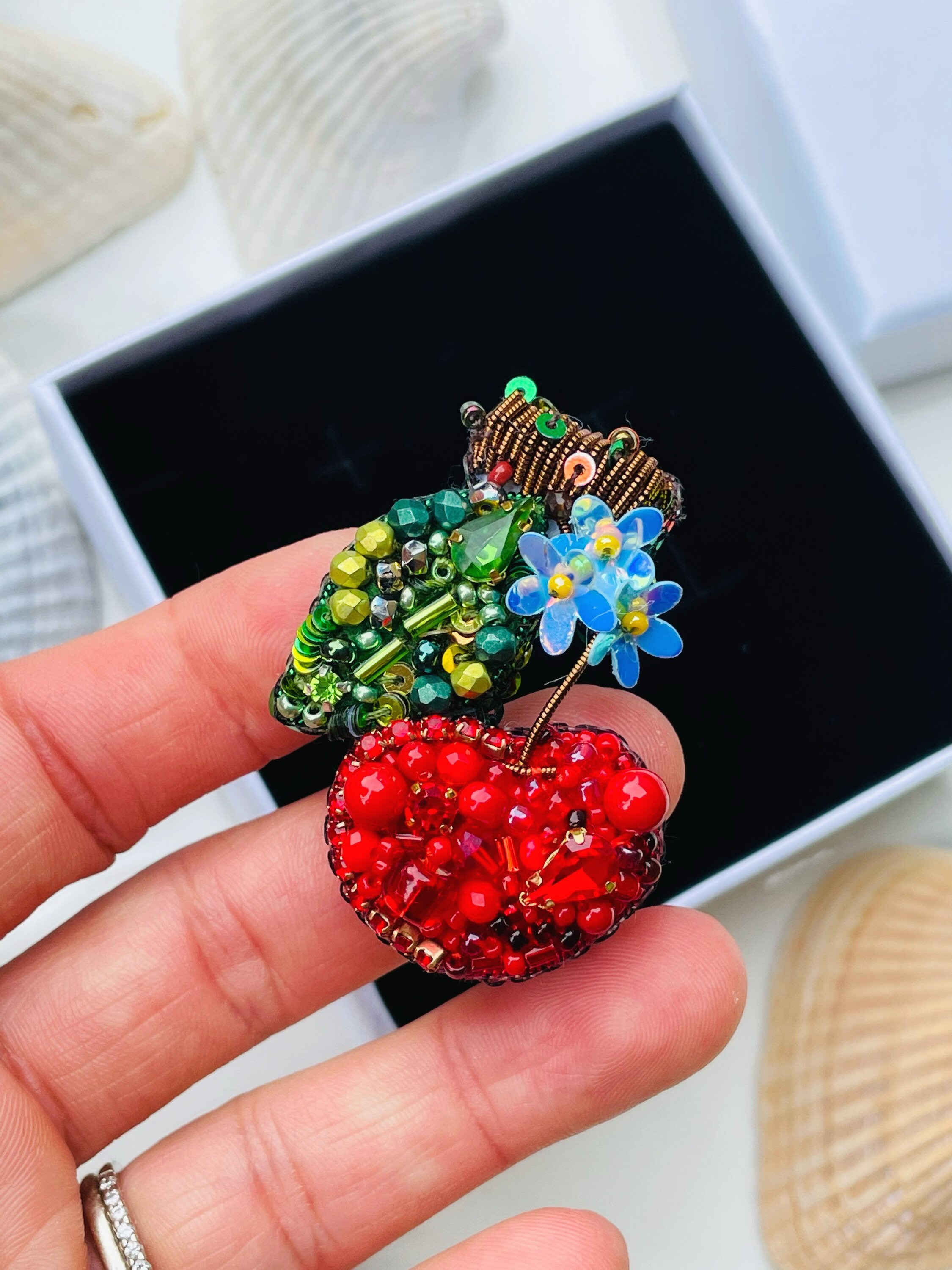 Red Cherry Brooch, Beaded Fruit Pin - Etsy
