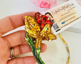 Handmade Beaded yellow Iris Brooch