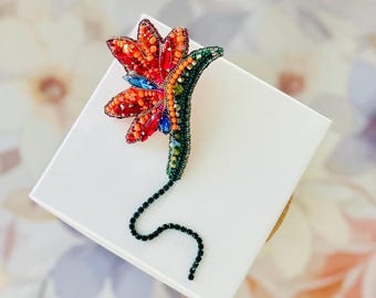 Handmade Beaded Bird of Paradise Flower Brooch, Tropical Statement Floral Pin