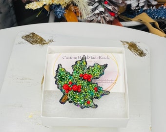 Christmas mistletoe beaded brooch red green
