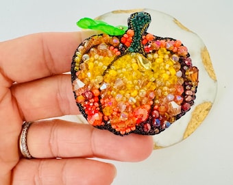 Handmade Beaded Pumpkin Brooch – Autumn Harvest Jewelry in Orange, Yellow  Green Leaf