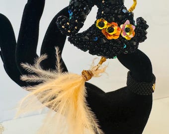 Handmade Witch Hat Brooch: Halloween Beaded Pin with Flowers & Broom