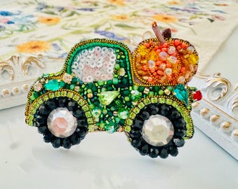 Beaded Green Truck & Pumpkin Brooch: Fall Harvest Accessory