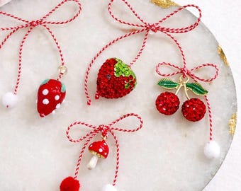Strawberry Mushroom Cherry Martisor, baba Marta, martensita, Romanian Moldavian Greek tradition Spring gift