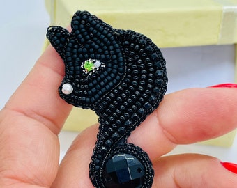 Beaded Black cat brooch