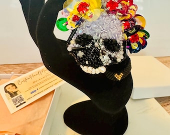 Handmade Skeleton Brooch: Floral Sequin Crown, Gothic Skull Pin