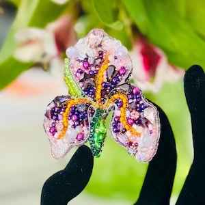 Beaded Iris Flower Brooch, Embroidered Floral Statement Jewelry, Glass Beads Crystals sequins