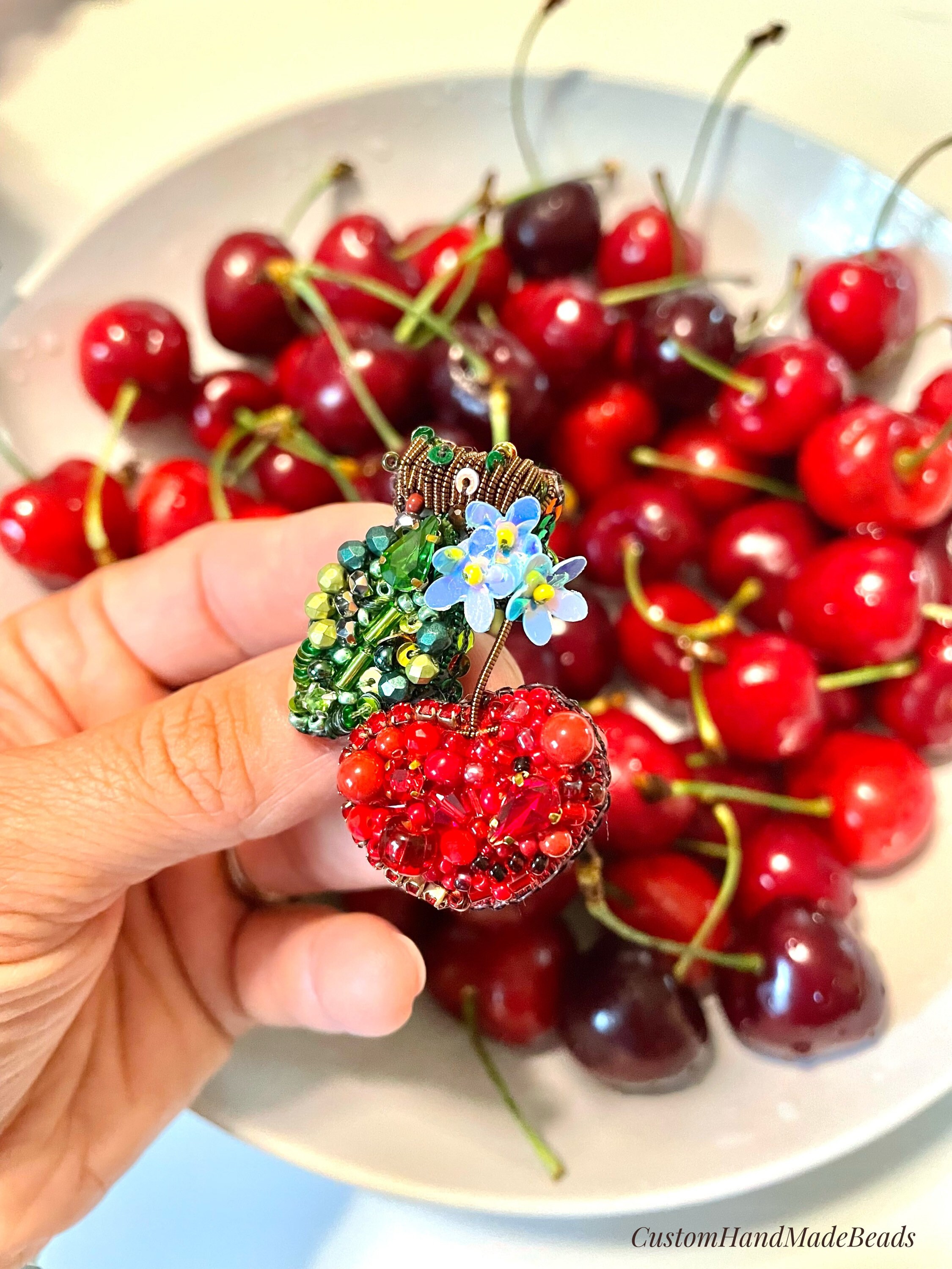 Red Cherry Brooch, Beaded Fruit Pin - Etsy