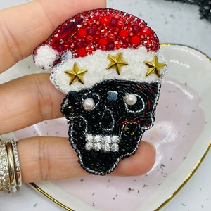 Christmas Handmade Beaded Skull Brooch with Santa Hat