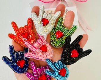 Beaded ASL 'I Love You' Brooch: Rhinestone Sign Language Pin