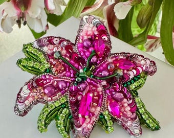 Handmade Beaded Exotic Flower Brooch, Pink Green Statement Floral Pin, Sparkling Sequins, Rhinestones