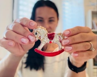 Rocking Horse Christmas Brooch – Handmade Swarovski Beads, Pearls, Rhinestones, Gold & Red Holiday Pin