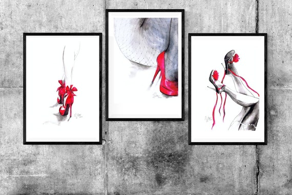 Fashion Poster Set of 3 Red Shoe Print Woman Poster Poster | Etsy