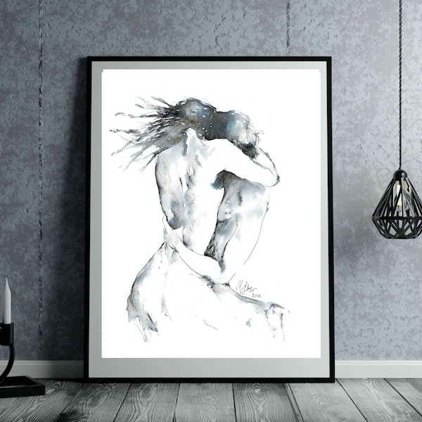 Couple romantique embrasser la toile, Couple de danse amoureux, peinture de couple sensuel, impression noir et blanc sur toile, impression sur toile aquarelle