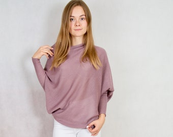 oversized asymmetric loose sweater with long sleeves, comfy wool knit top, knitted high neck women holiday sweater, travel jumper women wear
