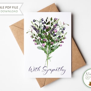 Tarjeta de condolencia con estampado de flores silvestres púrpuras, tarjeta de condolencia de duelo por la pérdida de un ser querido, tarjeta de felicitación floral imprimible para disculparse por su pérdida