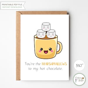 Afdrukbare verjaardagskaart kawaii warme cacao, marshmallow warme chocolademelk 1 5 10 jarig jubileum of valentijnskaart, grappige wenskaarten - pdf