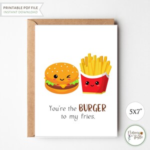 Kawaii Burger-verjaardagskaart, grappige wenskaarten voor hem, vriend, 1 5 10 jaar jubileum of grappige Valentijnskaart - afdrukbare pdf van 5 x 7