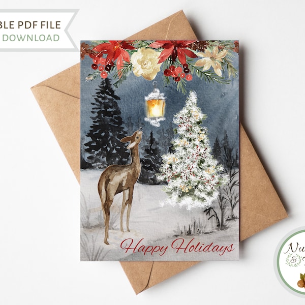 Happy Holidays Deer Christmas Card, Rustic Woodland Christmas Tree Reindeer Holiday Card, Printable Watercolor Winter Nature Lover Card