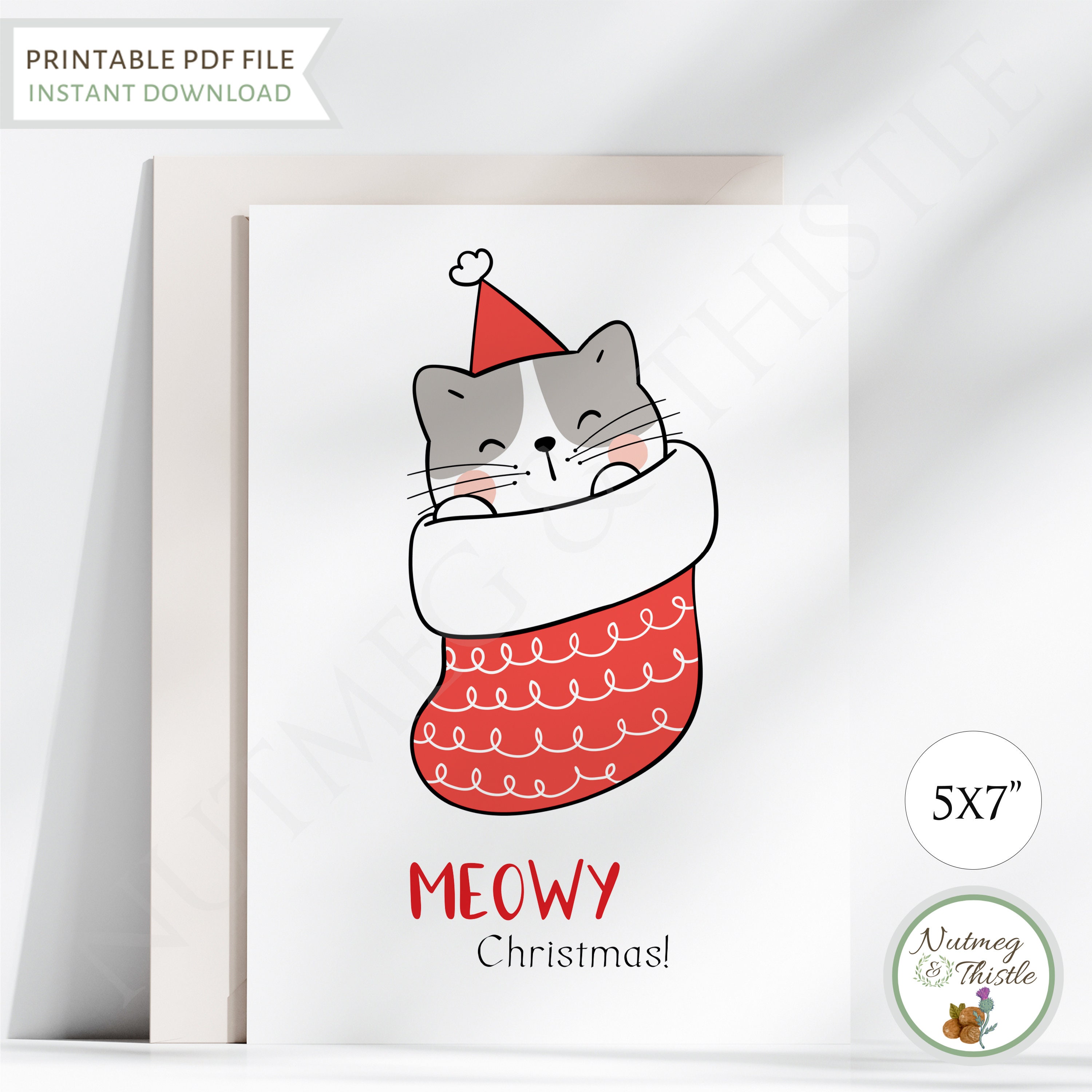 Kawaii Funny Christmas Card Cat, Meowy Christmas Cat Happy Holiday Card ...