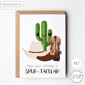 Cowboy Geburtstagskarte, Papa Mann Freund Bruder Punny Geburtstagskarte, süße Wild Western lustige Geburtstagskarte für ihn - Printable 5x7 PDF