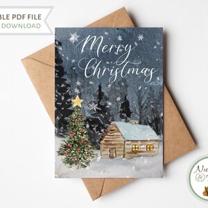 Cartão de natal da cabana de madeira, cartão de férias da árvore de feliz natal da floresta, aquarela casa de campo amante da natureza cartão de felicitações em branco para impressão