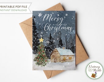 Log Cabin Christmas Card, Woodland Merry Christmas Tree Holiday Card, Aquarelle Country House Nature Lover Blank Printable Greeting Card