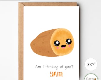 Tarjeta de felicitación divertida Yam Kawaii, tarjeta imprimible con el mensaje "Pensando en ti", tarjeta de amistad a larga distancia con juego de palabras de papas, PDF de 5 x 7