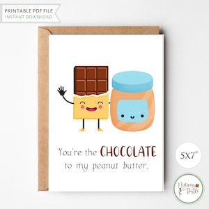 Kawaii 1-jarig jubileumkaart chocolade-pindakaas, grappige valentijnskaart voor hem vriend echtgenoot, leuke afdrukbare wenskaarten - pdf