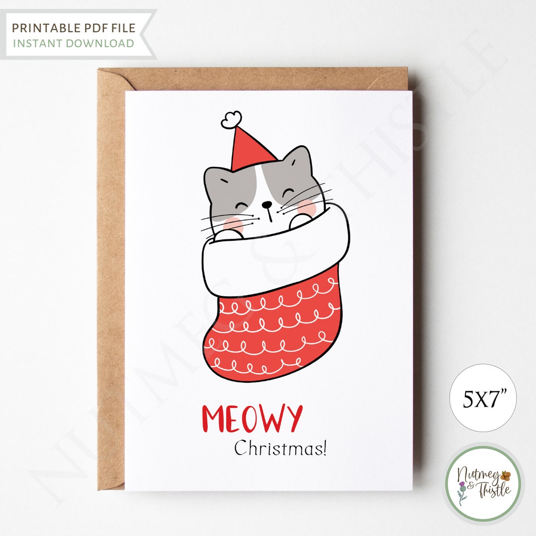 Kawaii Funny Christmas Card Cat, Meowy Christmas Cat Happy Holiday Card ...