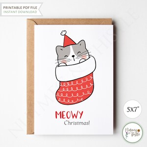 Cartão de Natal engraçado Kawaii Gato, Cartão de Natal Miando Gato Feliz Natal, Cartão de Feliz Natal Engraçado Fofo Trocadilho - PDF 5x7 para impressão
