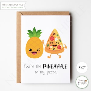 Kawaii ananas pizza grappige verjaardagskaart, 1e 10-jarig jubileumkaart voor hem haar, grappige Valentijnskaart voor hem - afdrukbare 5 x 7 pdf