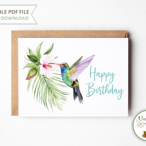 Kolibrie verjaardagskaart, moeder vriend vogelliefhebbers Happy Birthday afdrukbare wenskaart, lege Bird Watcher natuurliefhebber Hummingbird Card