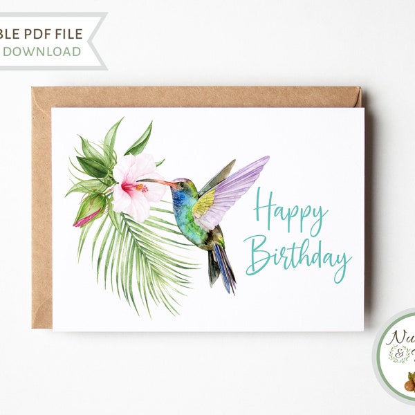 Hummingbird Birthday Card, Mom Friend Bird Lovers Happy Birthday Printable Greeting Card, Blank Bird Watcher Nature Lover Hummingbird Card