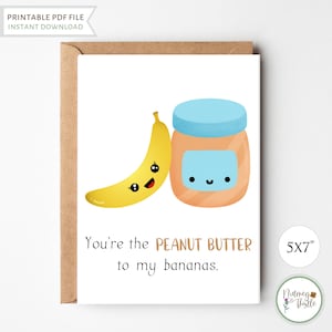 Kawaii verjaardagskaart voor hem of haar, pindakaas-bananen 1 5 10 jaar jubileum grappige valentijnskaart, afdrukbare grappige wenskaarten