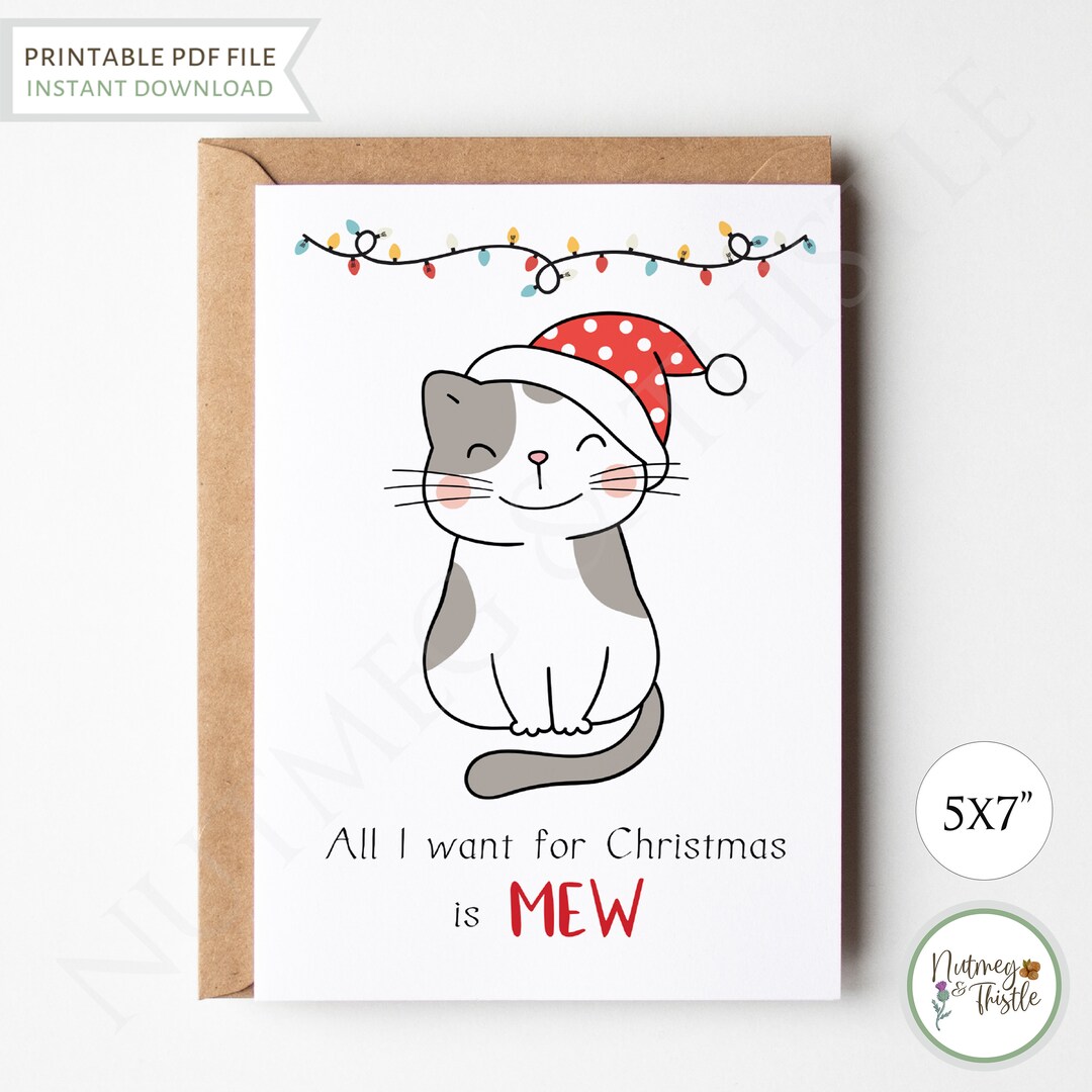 Kawaii Mew Cat Christmas Card, Cute Kitty Cat Dad Funny Christmas Card ...