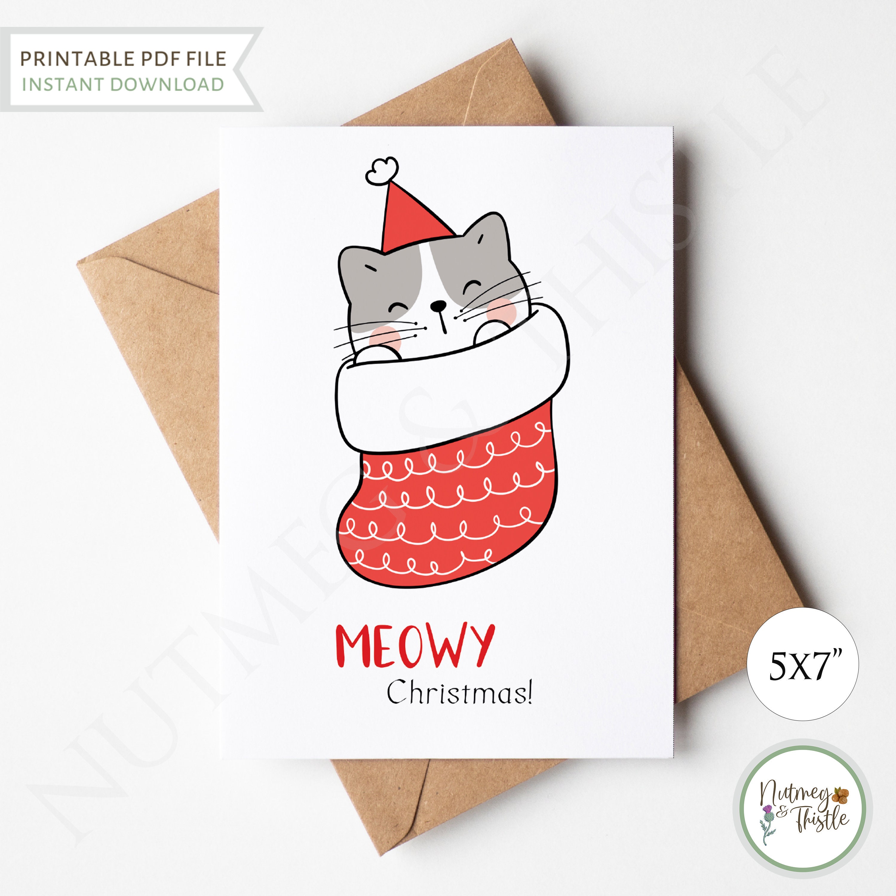 Kawaii Funny Christmas Card Cat, Meowy Christmas Cat Happy Holiday Card ...