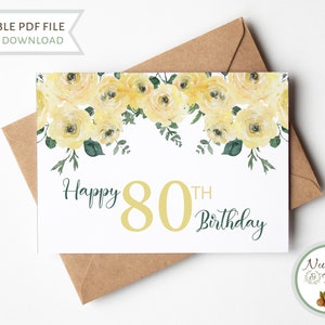 Carte de 80e anniversaire fleurs jaunes, carte de voeux florale de grand-mère, 80e anniversaire de grand-mère, cartes de correspondance pliées imprimables fête d'anniversaire 80 ans