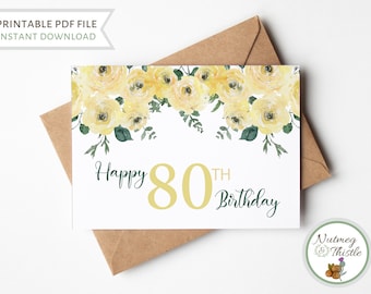 Yellow Flowers 80th Birthday Card, Grandma Mom 80th Birthday Floral Greeting Card, Printable 80 Year Old Birthday Party Folded Note Cards