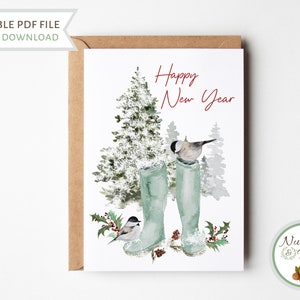 Chickadee Happy New Year Card, Winter Boots Woodland Branches Bird Greeting Card, Printable Nature Lover Watercolor Cute Holiday Card