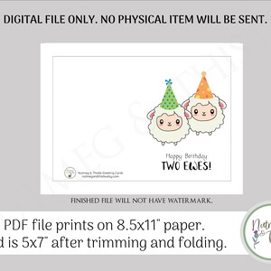 Pu&ograve; includere: Biglietto di compleanno stampabile con due pecore dei cartoni animati che indossano cappelli da festa. Il biglietto dice "Buon compleanno Due pecore!" ed &egrave; progettato per essere stampato su carta da 8,5x11 pollici e piegato per creare un biglietto da 5x7 pollici.