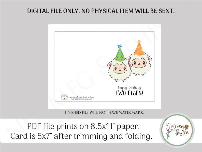 Pu&ograve; includere: Biglietto di compleanno stampabile con due pecore dei cartoni animati che indossano cappelli da festa. Il biglietto dice "Buon compleanno Due pecore!" ed &egrave; progettato per essere stampato su carta da 8,5x11 pollici e piegato per creare un biglietto da 5x7 pollici.