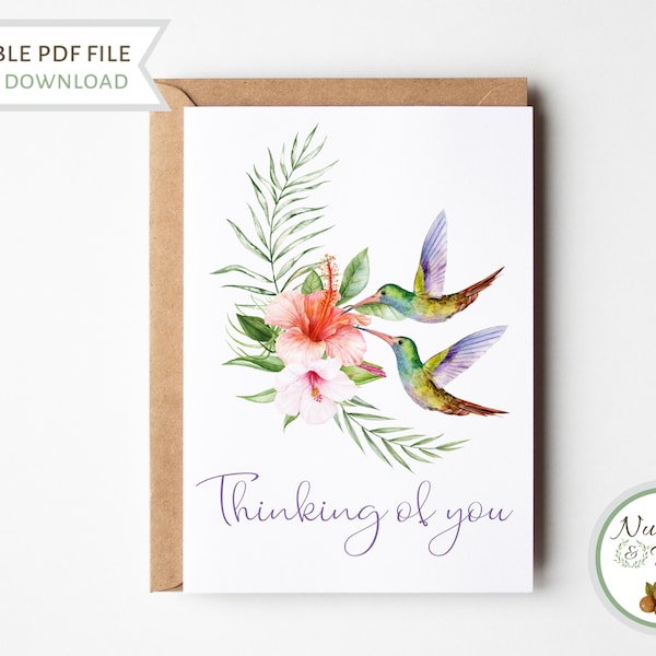 Hummingbird Thinking Of You Card, Bird Lovers Sending Love Sympathy Card, Watercolor Hummingbird Miss You Support Printable Greeting Card