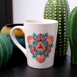 Original OOAK Art Coffee Tea Hot Cocoa Custom Hand Painted Mandala Sacred Geometry Mugs Colorful Rainbow Dotted  Cup Set of 6