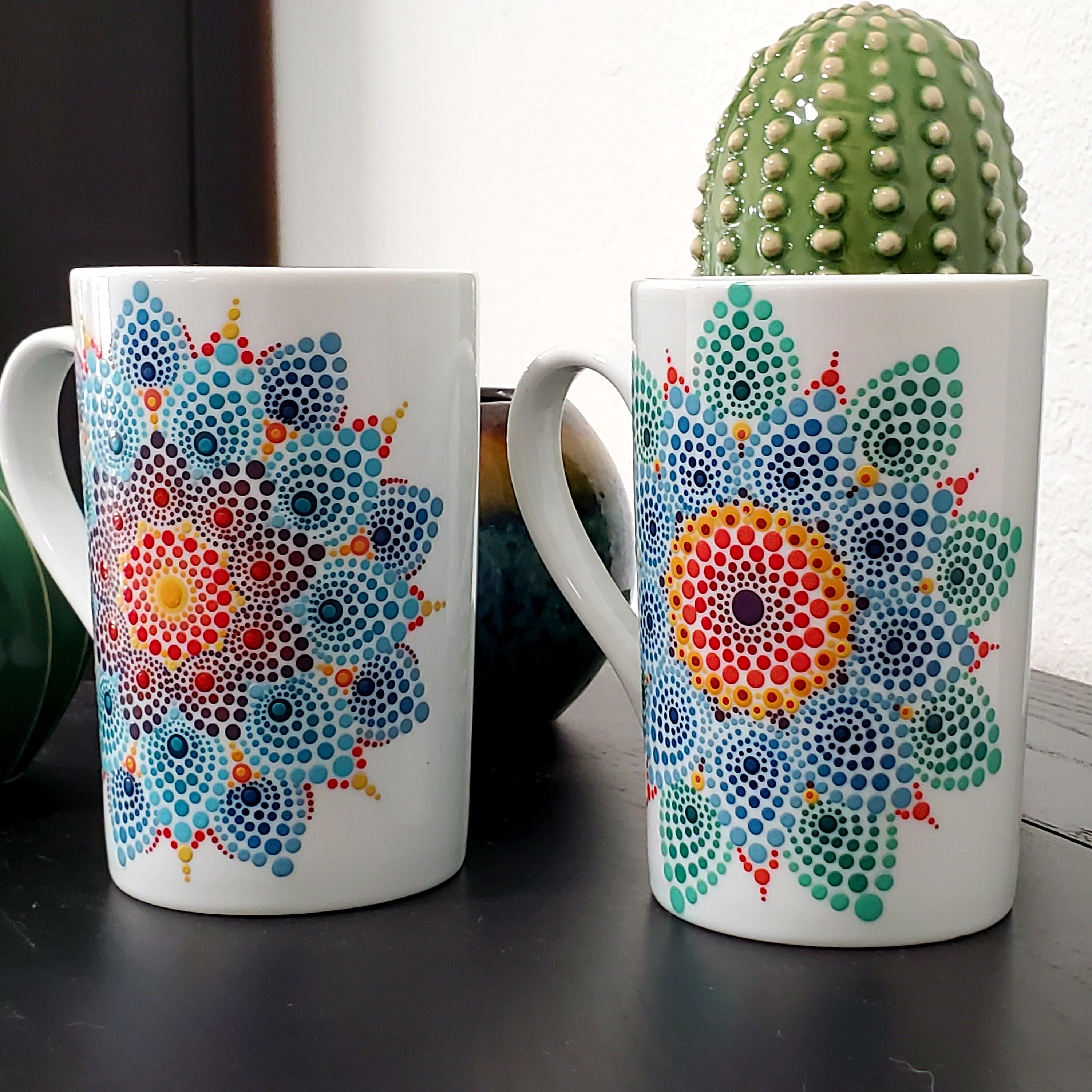 Original OOAK Art Coffee Tea Hot Cocoa Custom Hand Painted Mandala Sacred Geometry Mugs Colorful Rainbow Dotted  Cup Set of 6