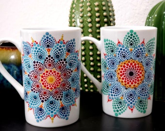Original OOAK Art Coffee Tea Hot Cocoa Custom Hand Painted Mandala Sacred Geometry Mugs Colorful Rainbow Dotted  Cup Set of 6