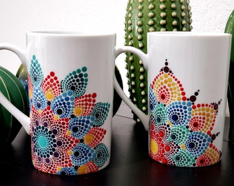 Original OOAK Art Coffee Tea Hot Cocoa Custom Hand Painted Mandala Sacred Geometry Mugs Colorful Rainbow Dotted  Cup Set of 6