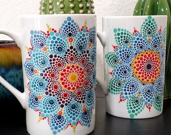 Original OOAK Art Coffee Tea Hot Cocoa Custom Hand Painted Mandala Sacred Geometry Mugs Colorful Rainbow Dotted  Cup Set of 6
